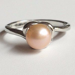 Peach Pearl Ring Solitaire Dainty Size 5 6 7 Vintage Cultured Silver Plated